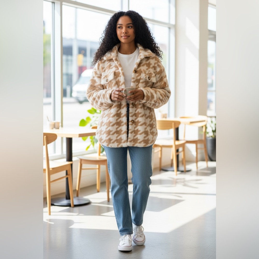 Torrid Tan & Cream Houndstooth Sherpa Jacket